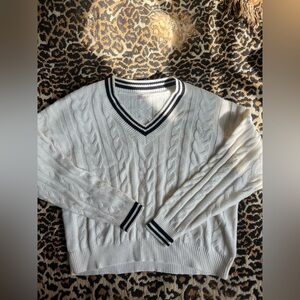 Ardene White Cable Knit V-Neck Sweater with Black Trim